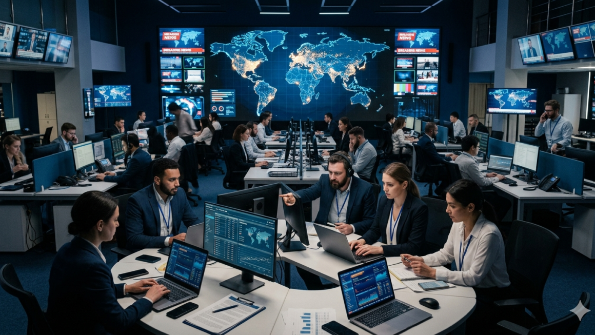 Professional newsroom with editorial team working on global news coverage